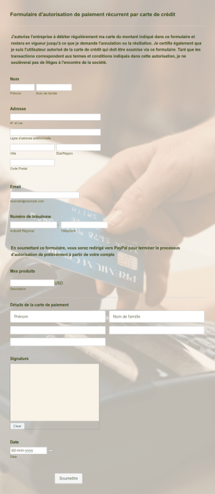 Formulaire D'autorisation De Paiement Récurrent Par Carte De Crédit
