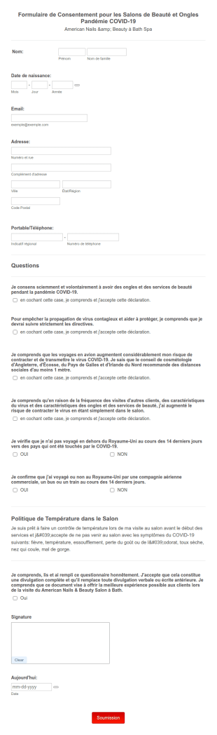 Formulaire De Consentement Pour Les Salons De Beauté Et Ongles Pandémie COVID 19