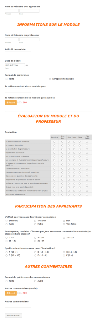 Formulaire D'&eacute;valuation D'un Module Scolaire