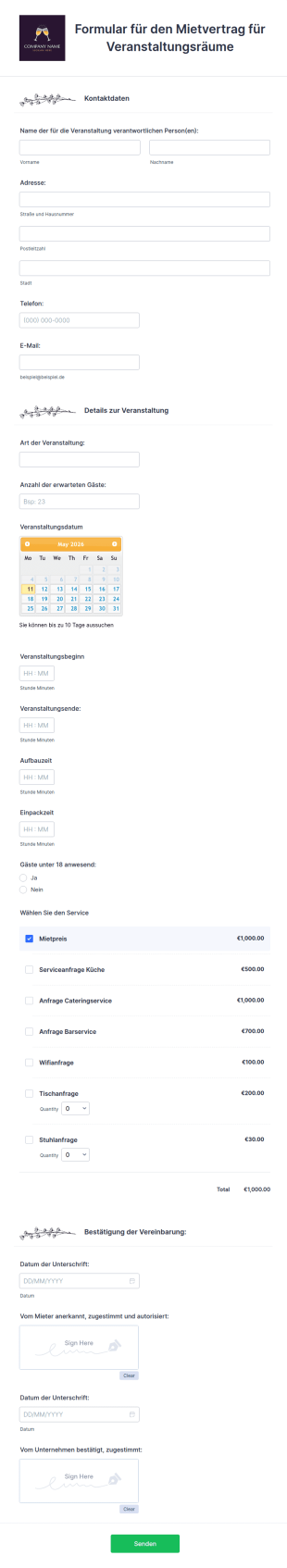 Formular Für Den Mietvertrag Für Veranstaltungsräume