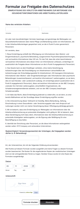 Formular Zur Freigabe Des Datenschutzes