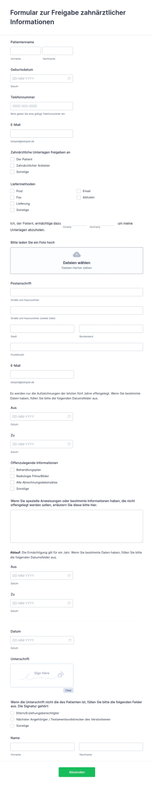 Formular Zur Freigabe Zahnärztlicher Informationen