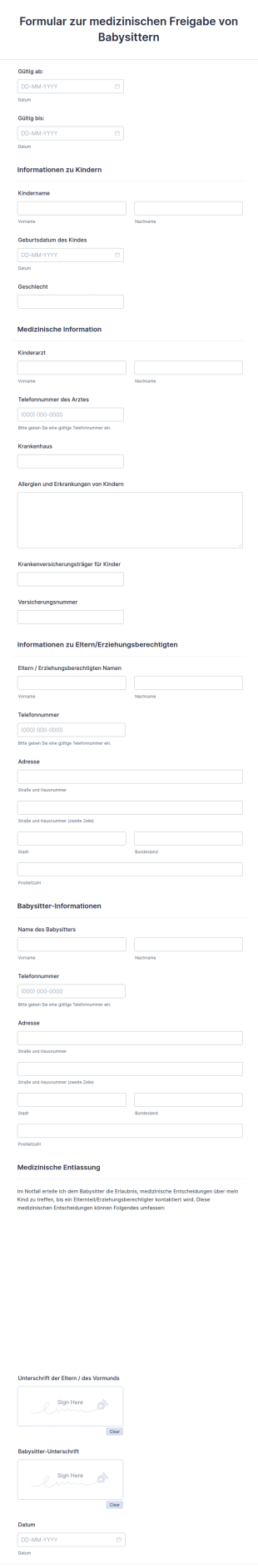 Formular Zur Medizinischen Freigabe Von Babysittern