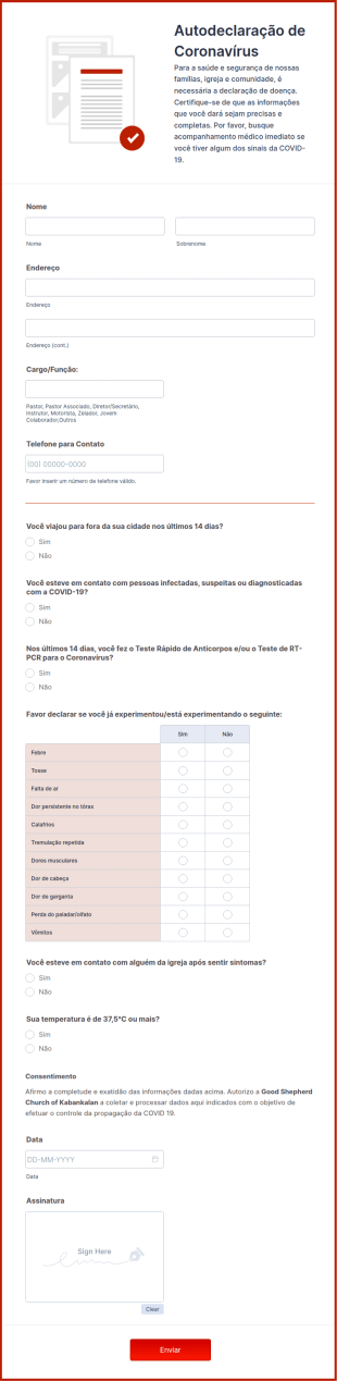 Formulário De Autodeclaração De Coronavírus Para Igrejas