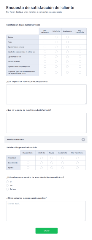 Formulario De Encuesta De Satisfacción Del Servicio Al Cliente