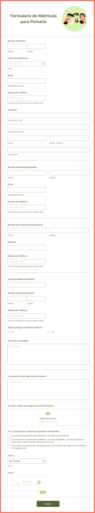 Formulario De Matrícula Para Primaria