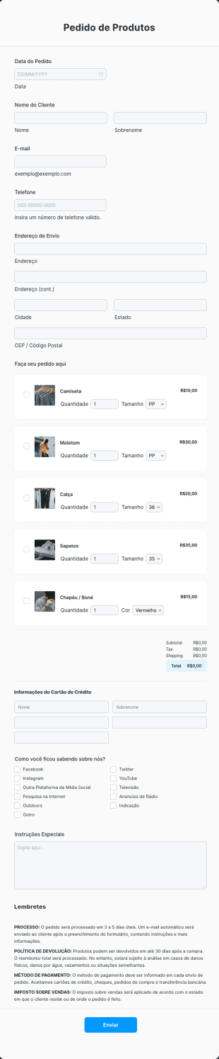 Formulário Para Pedido De Produtos