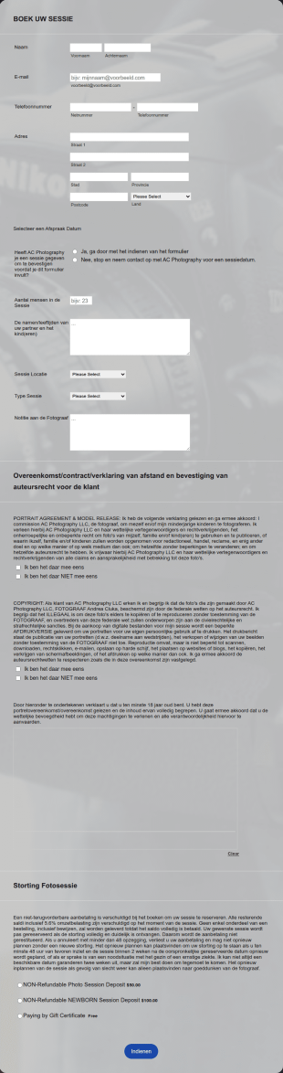Fotosessies Boekingsformulier