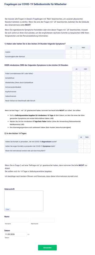 Fragebogen Zur COVID 19 Selbstkontrolle F&uuml;r Mitarbeiter