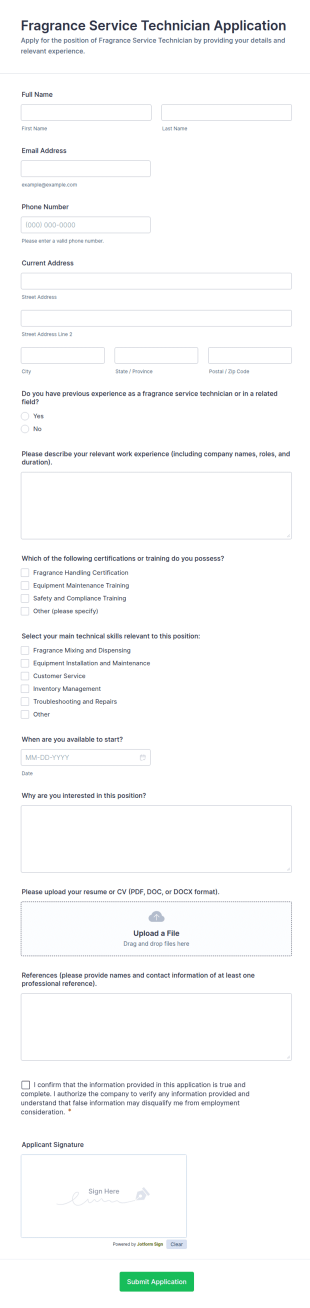 Fragrance Service Technician Application Form Template