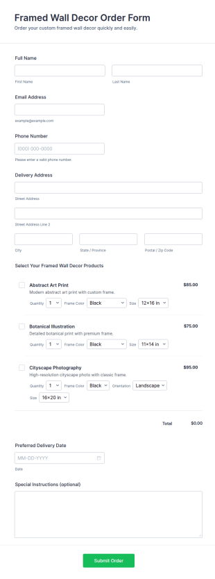 Framed Wall Decor Order Form Template