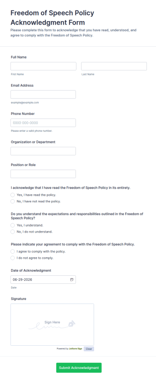 Freedom Of Speech Policy Acknowledgment Form Template