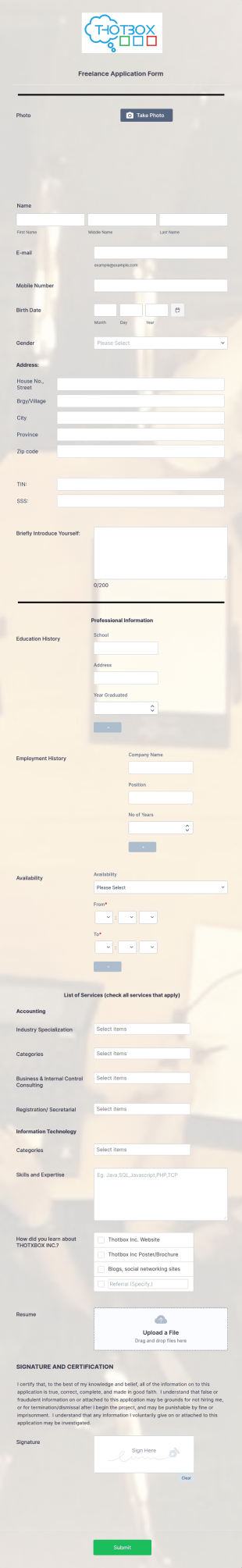 Freelance Application Form Template
