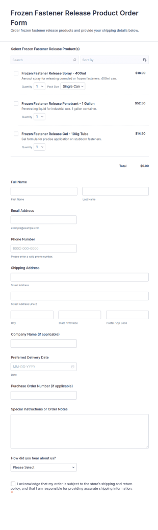 Frozen Fastener Release Product Order Form Template