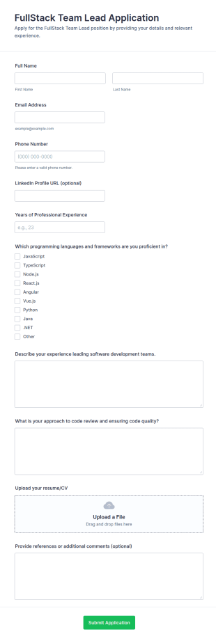 FullStack Team Lead Application Form Template