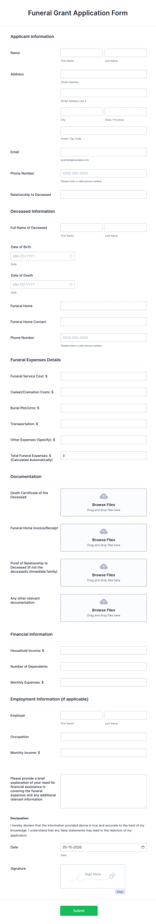 Funeral Grant Application Form Template