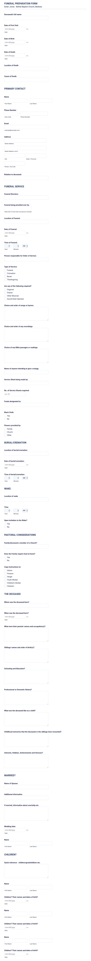 Funeral Preparation Form Template