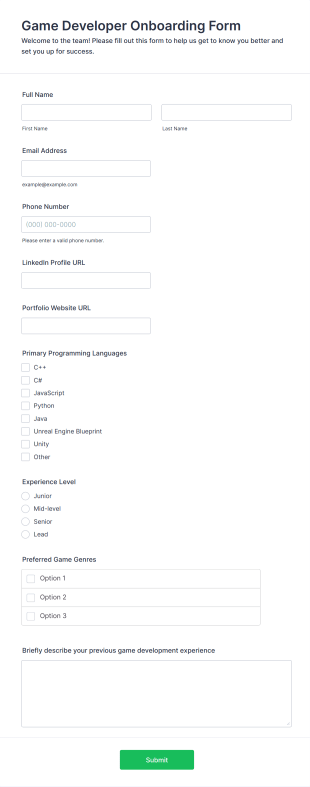 Game Developer Onboarding Form Template