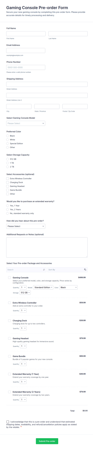 Gaming Console Pre Order Form Template