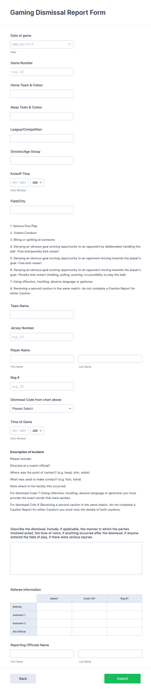 Gaming Dismissal Report Form  Form Template