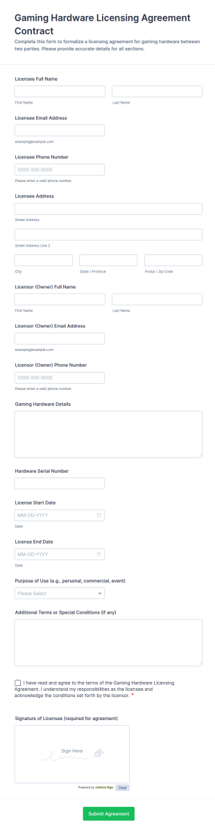 Gaming Hardware Licensing Agreement Contract Form Template