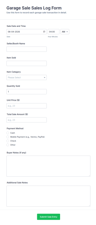 Garage Sale Sales Log Form Template