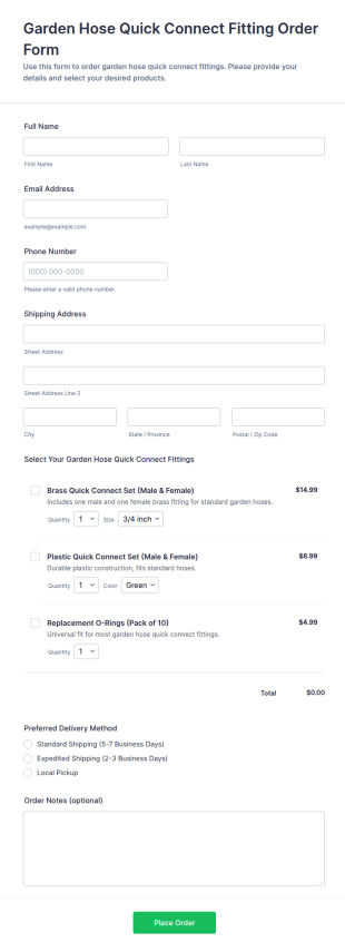 Garden Hose Quick Connect Fitting Order Form Template