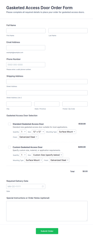 Gasketed Access Door Order Form Template