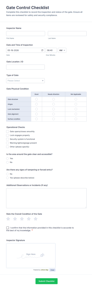 Gate Control Checklist Form Template