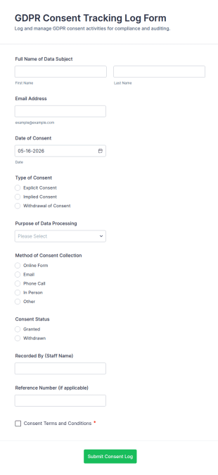 GDPR Consent Tracking Log Form Template