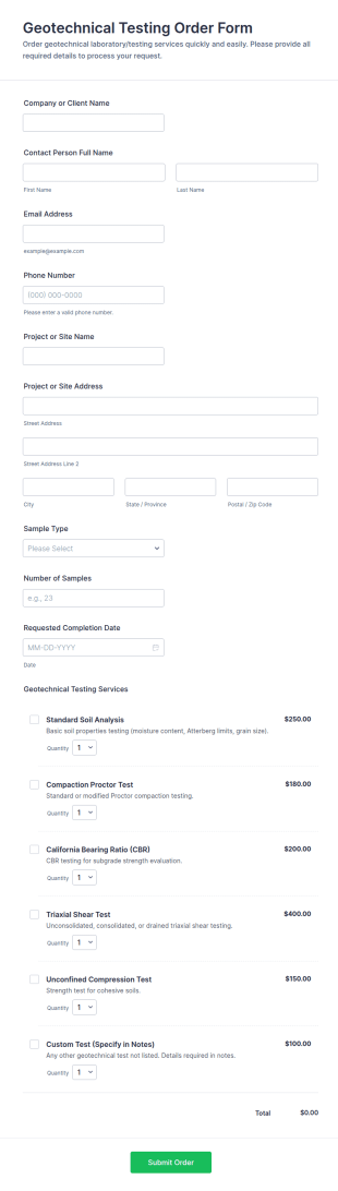 Geotechnical Testing Order Form Template