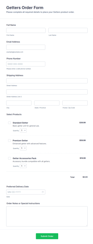 Getters Order Form Template