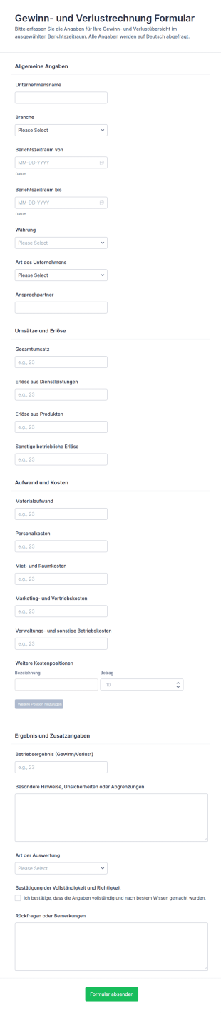 Gewinn Und Verlustrechnung Vorlage Formular