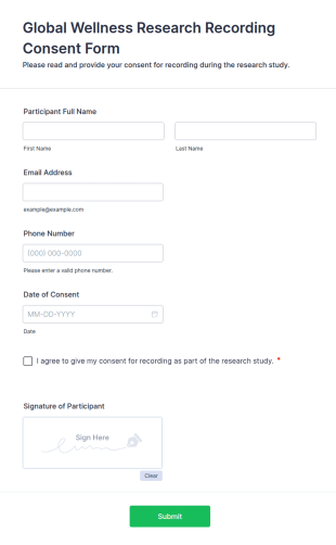 Global Wellness Research Recording Consent Form Template