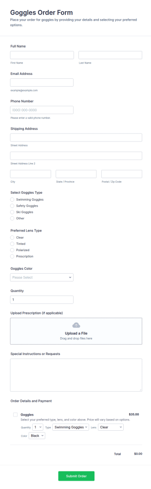 Goggles Order Form Template