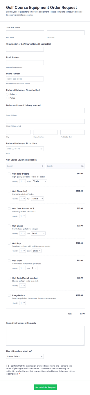 Golf Course Equipment Order Request Form Template
