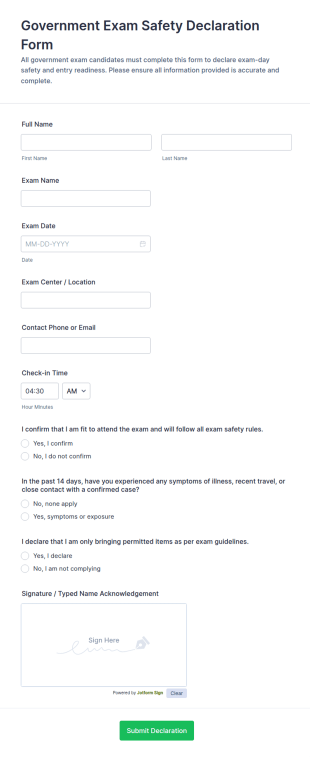 Government Exam Safety Declaration Form Template