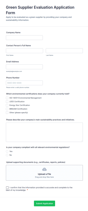 Green Supplier Evaluation Application Form Template