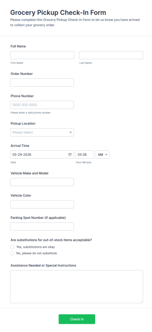 Grocery Pickup Check In Form Template
