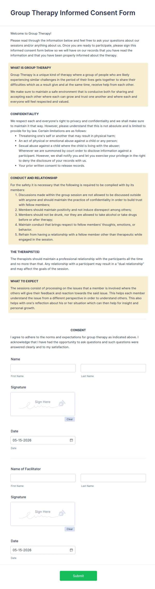 Group Therapy Informed Consent Form