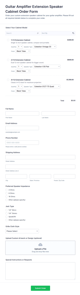 Guitar Amplifier Extension Speaker Cabinet Order Form Template