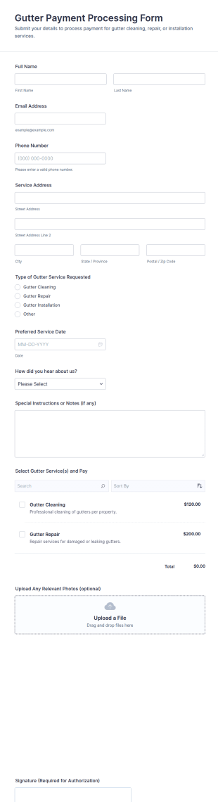 Gutter Payment Processing Form Template