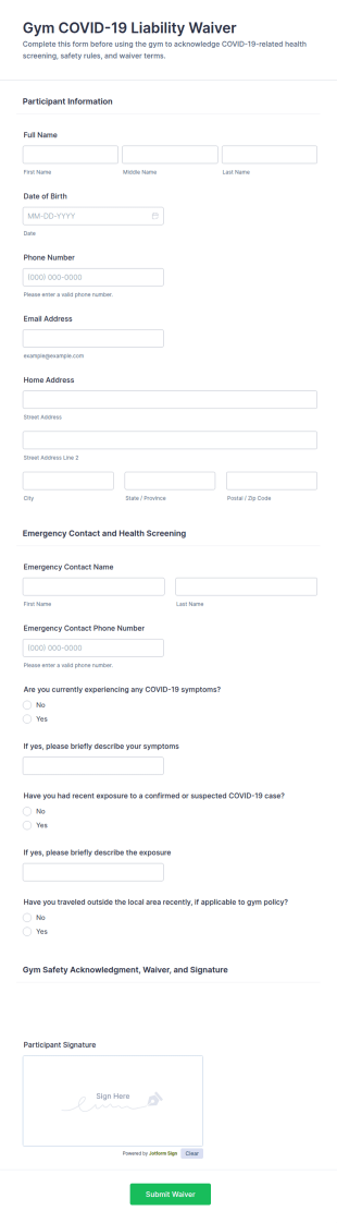 Gym COVID 19 Liability Waiver Form Template