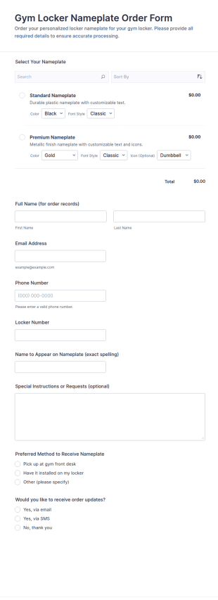 Gym Locker Nameplate Order Form Template
