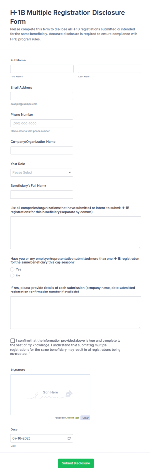 H 1B Multiple Registration Disclosure Form Template