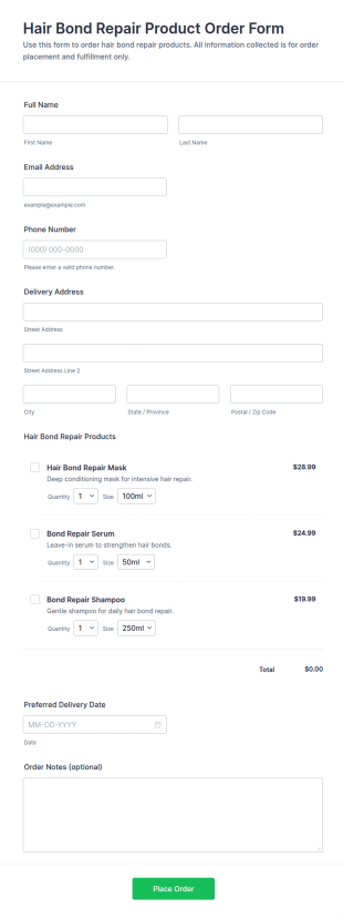Hair Bond Repair Product Order Form Template