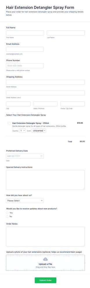 Hair Extension Detangler Spray Form Template