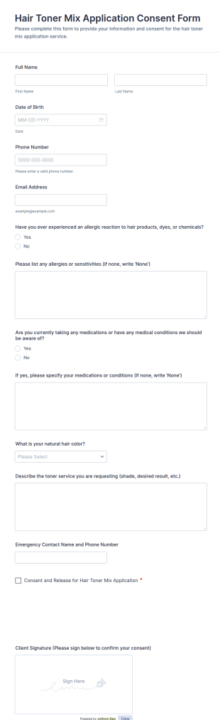 Hair Toner Mix Application Consent Form Template