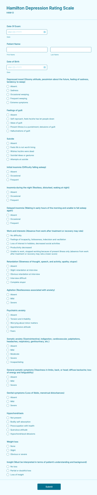 Hamilton Depression Rating Scale Form Template