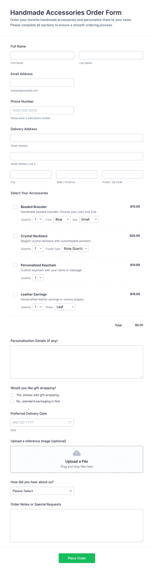Handmade Accessories Order Form Template